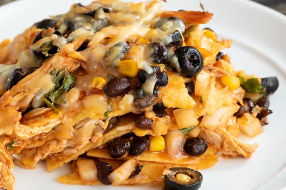A plate of Gluten Free Chicken Enchilada Bake.