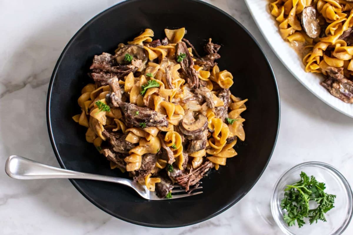 A dish of Low Calorie Beef Stroganoff.