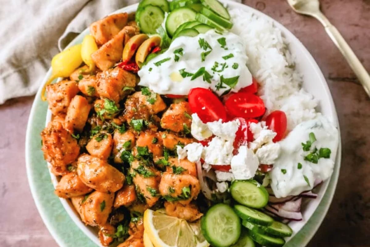 A bowl of Greek Chicken Bowls.