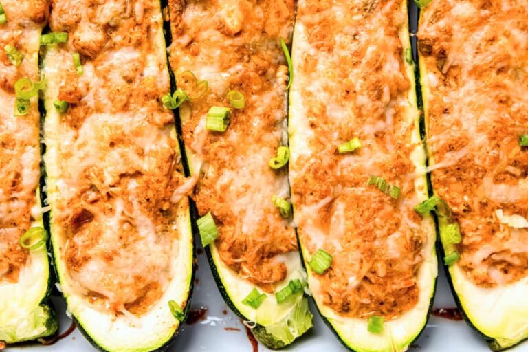 A dish of Buffalo Chicken Zucchini Boats.