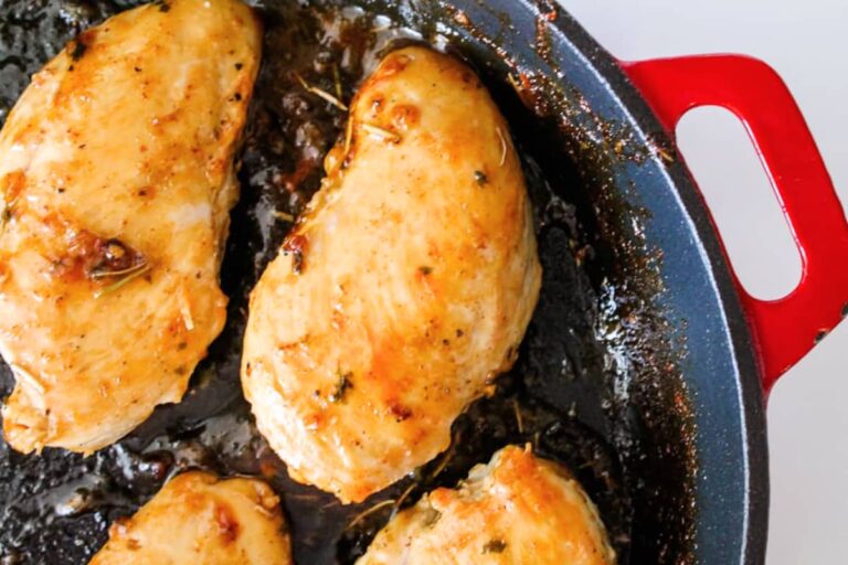Pan of maple glazed chicken breast.