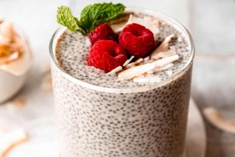 A dish of Protein Coconut Chia Pudding.