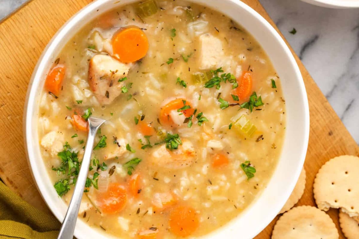 A bowl of Turkey and Rice Soup.