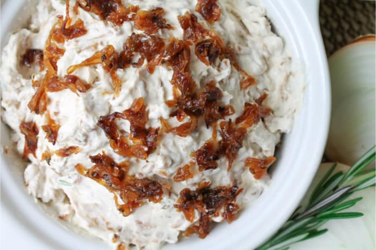 A dish of Caramelized Onion Dip.