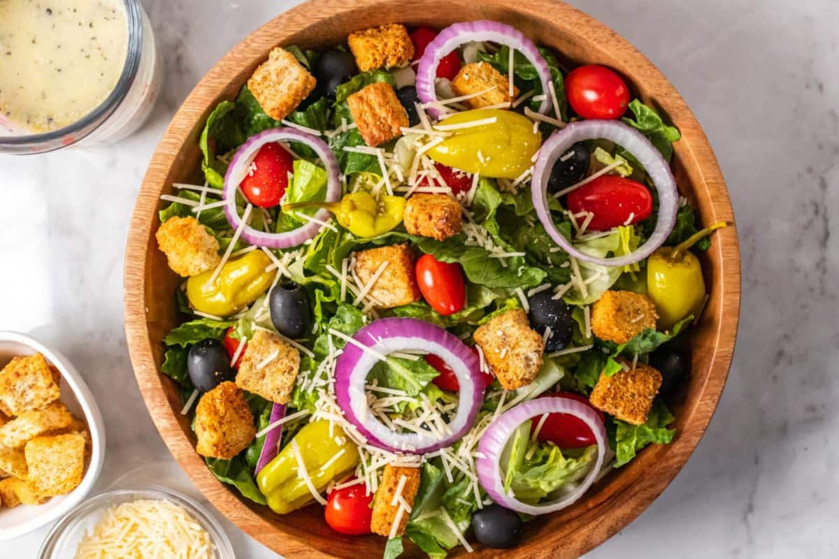A dish of Healthy Copycat Olive Garden Salad.