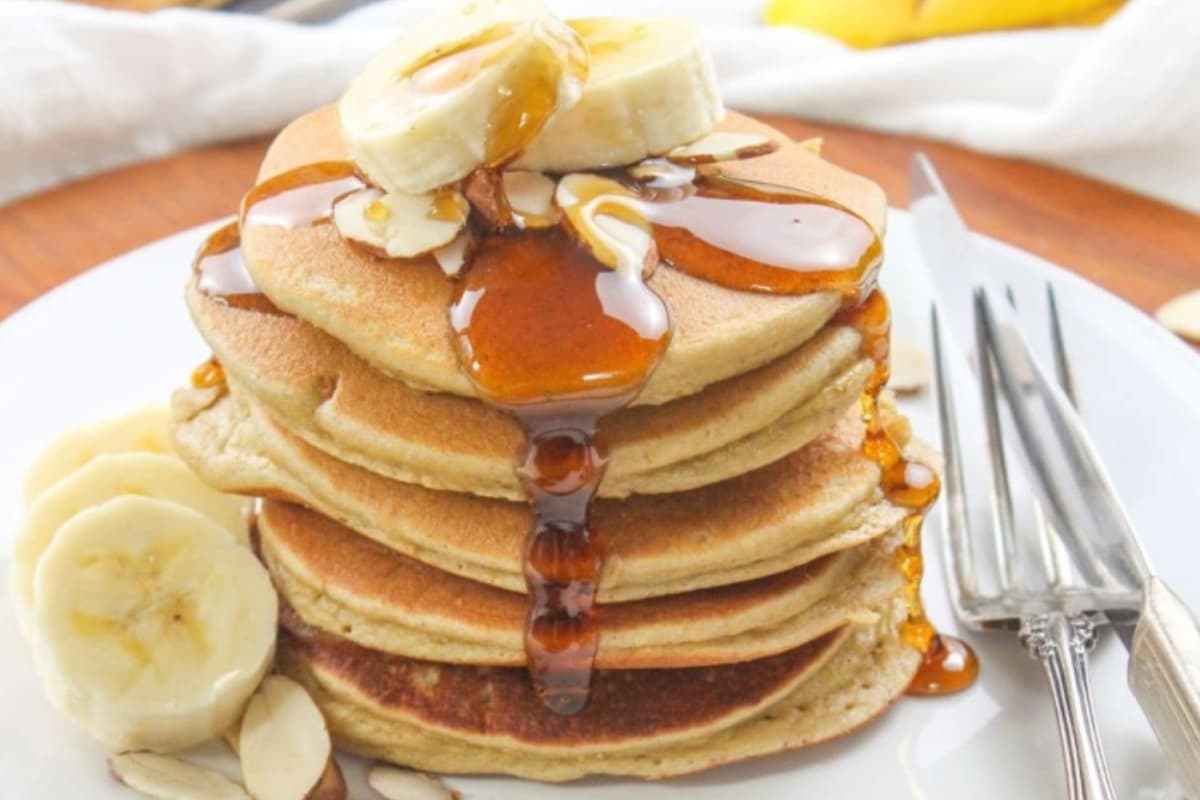 A plate of Fluffy Blender Almond Flour Banana Pancakes.