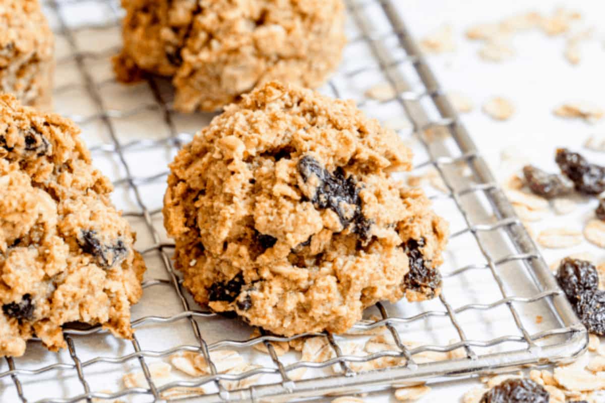 A tray of Vegan Oatmeal Raisin Cookies.