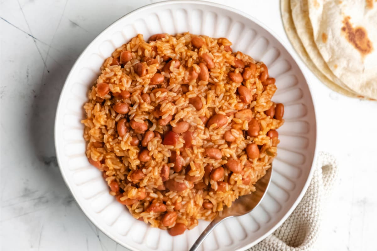 A plate of Instant Pot Mexican Rice and Beans.