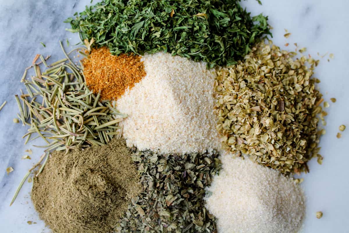 Seasonings on a counter.