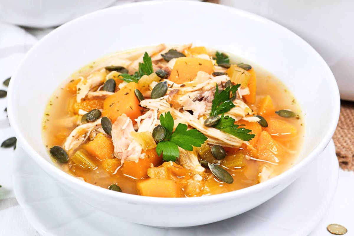 A bowl of Chicken Butternut Squash Soup.