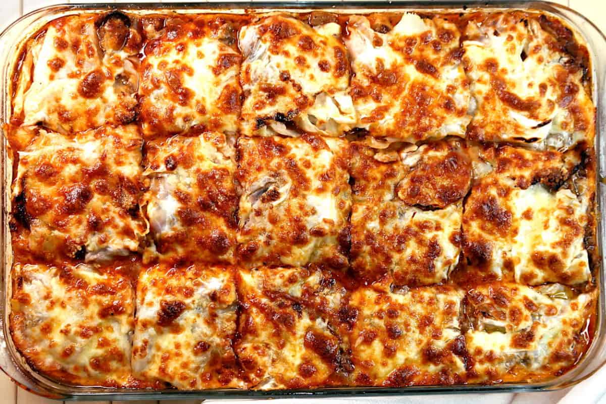 A dish of Beef and Cabbage Lasagna Casserole.