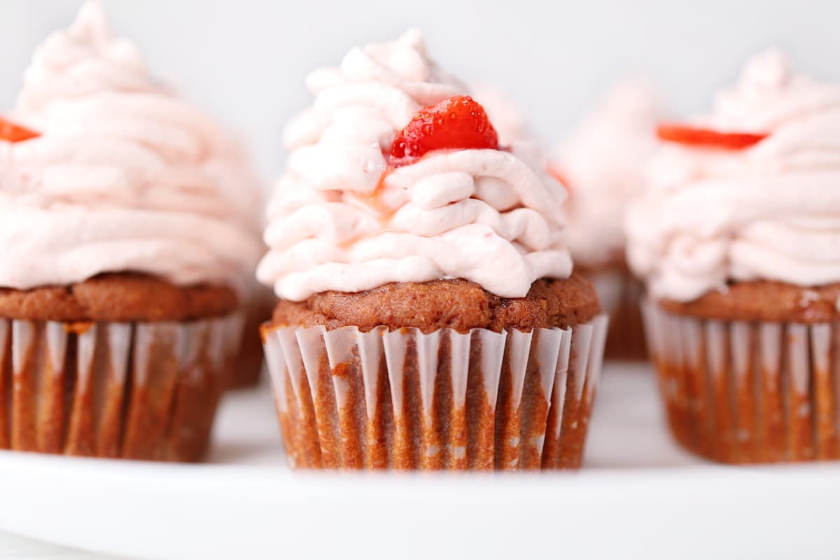 A plate of Keto Strawberry Cupcakes.