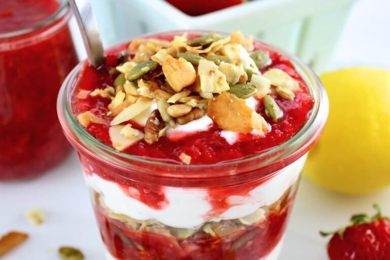 A dish of Low Carb Strawberry Granola Parfaits.