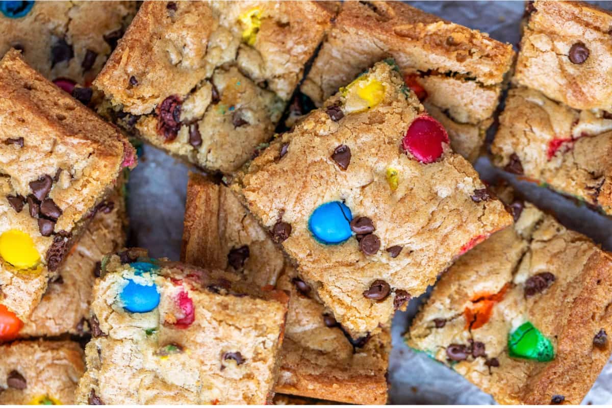 A plate of M&M Cookie Bars.