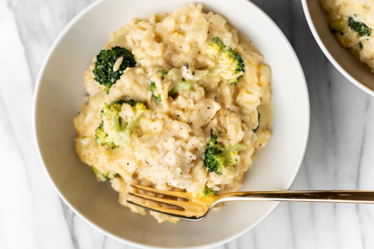 A bowl of Cheesy Chicken, Broccoli, and Rice.