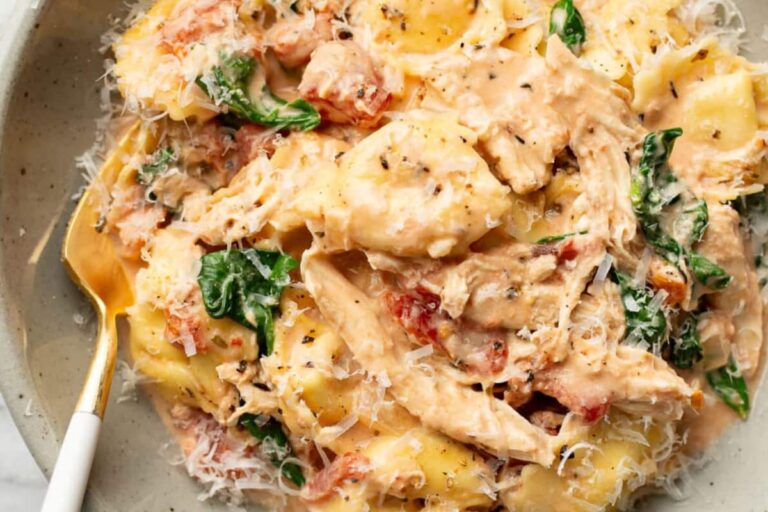 A dish of One Pan Tortellini With Chicken.