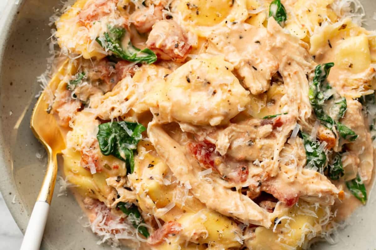 A dish of One Pan Tortellini With Chicken.