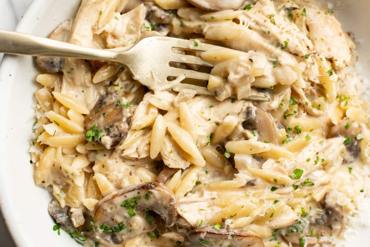 A bowl of Creamy Mushroom Chicken Orzo.