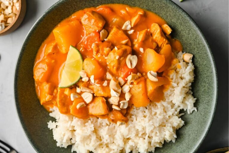 A plate of Chicken Massaman Curry.