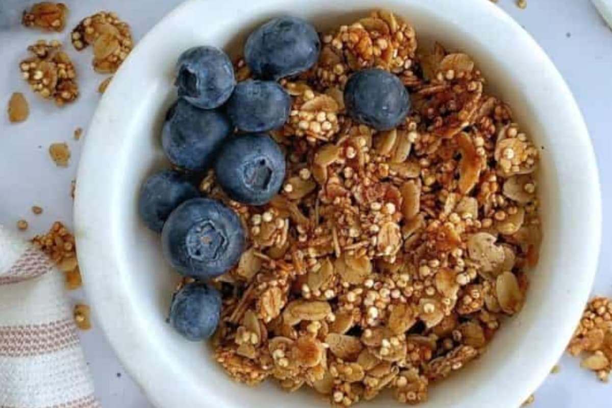 A bowl of 5-Ingredient Quinoa Crunch Granola.