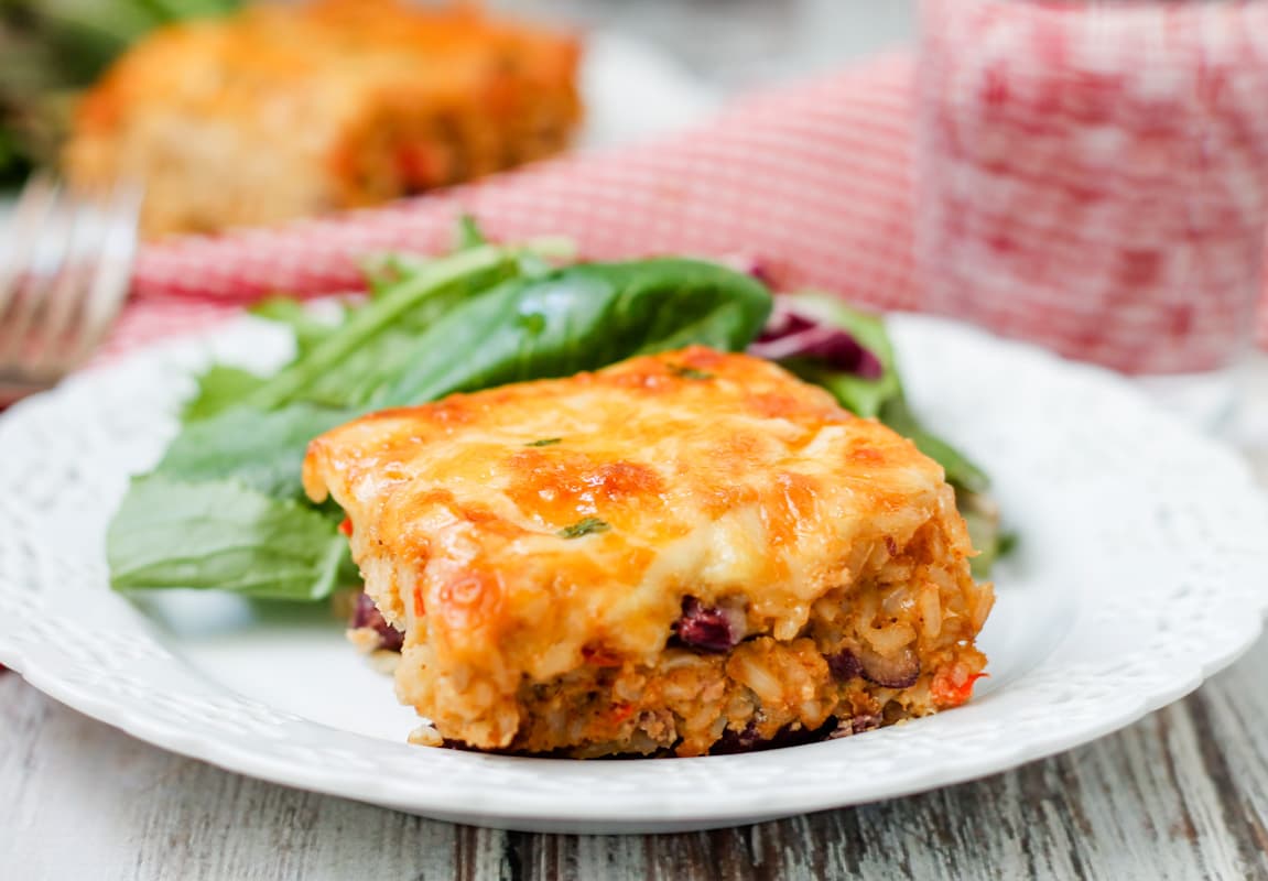 Plates of rice and bean casserole.