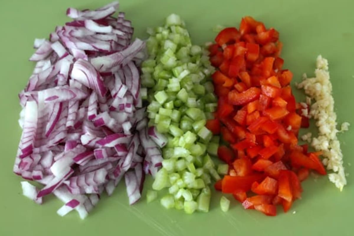 Chopped veggies on a board.