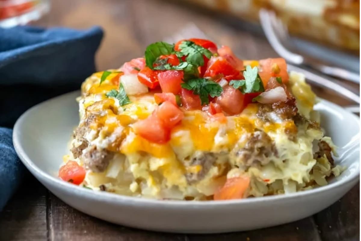 A plate of Sausage Breakfast Casserole.