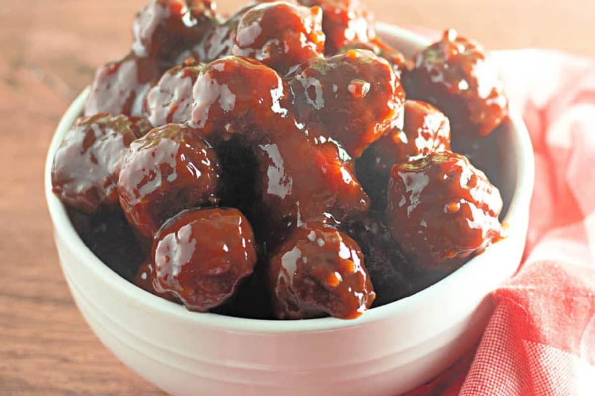 A bowl of Slow Cooker Hot Honey Meatballs.