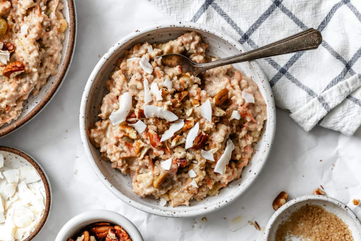A bowl of Overnight Carrot Cake Oatmeal.