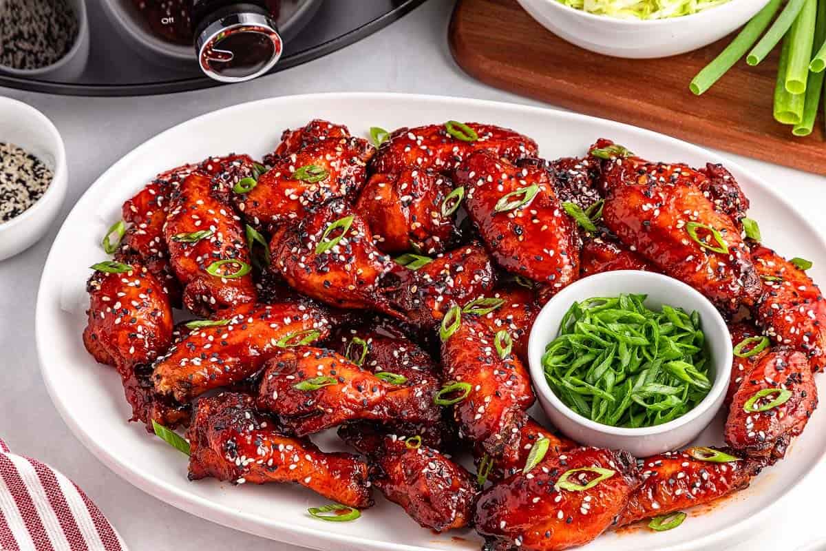 A plate of spicy Korean chicken wings.