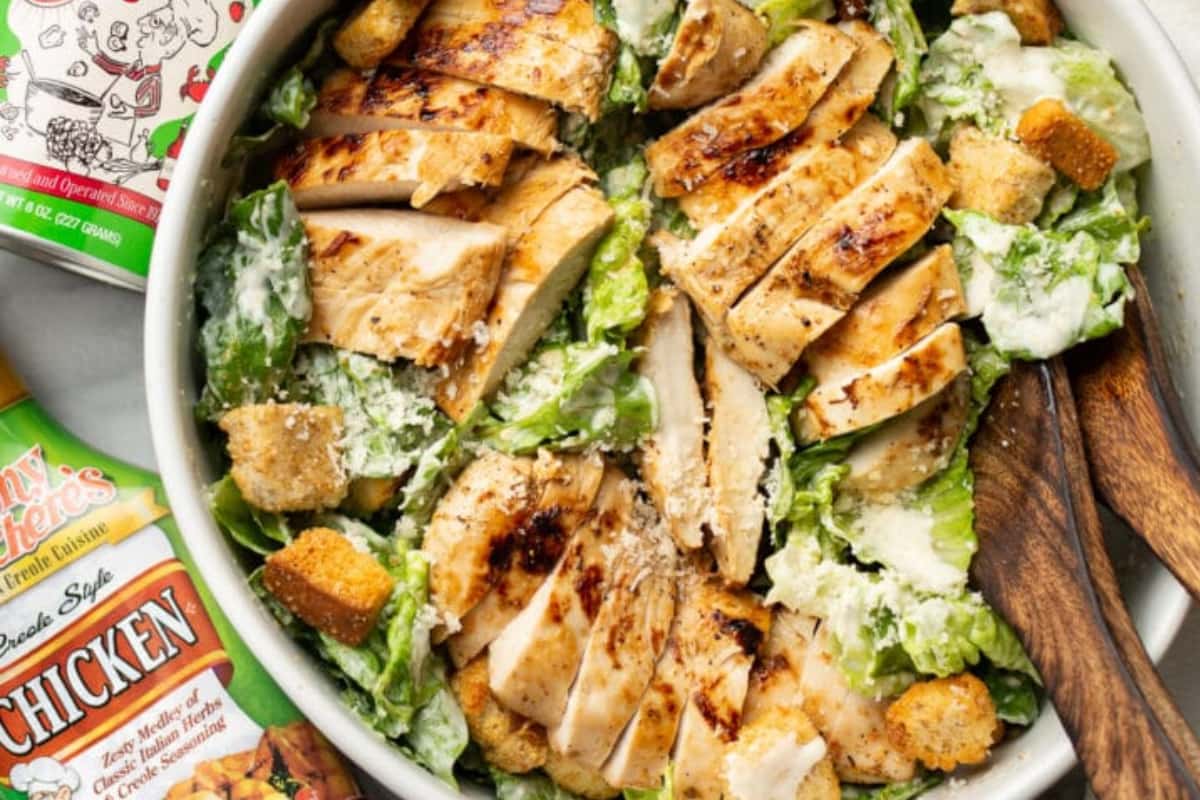 A bowl of Cajun Chicken Caesar Salad.