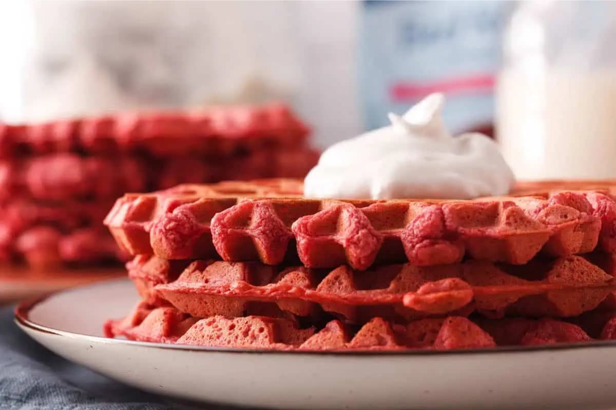 A plate of Pink Beetroot Waffles.