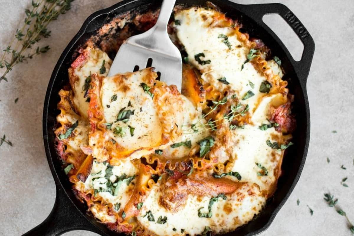 A dish of Vegetarian Caprese Skillet Lasagna.
