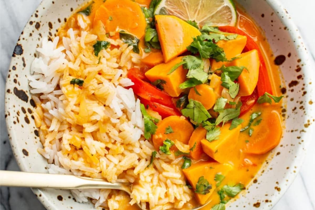 A bowl of Thai Sweet Potato Coconut Red Curry.