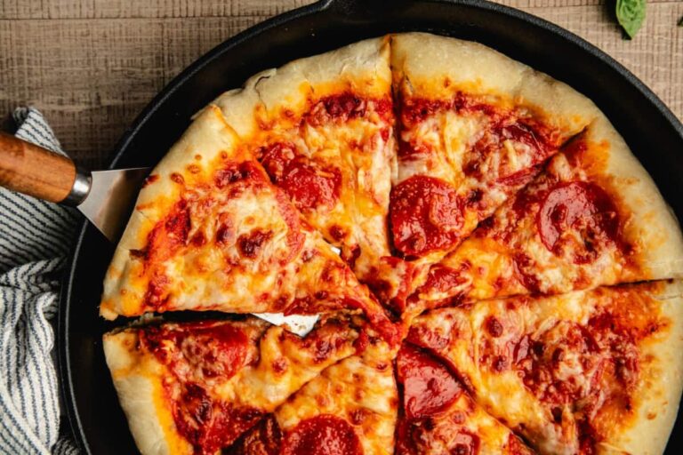 A pan of Cast Iron Skillet Pizza.