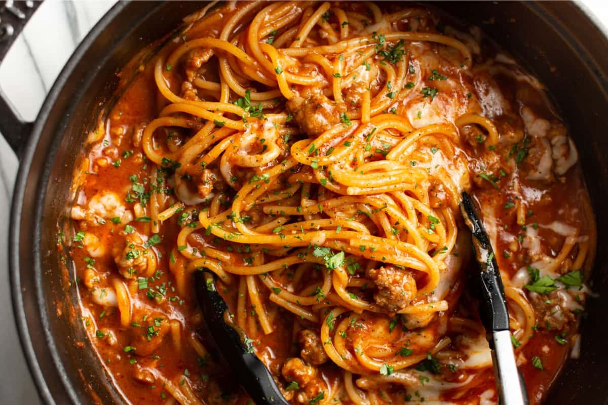 A pot of One Pot Italian Sausage Pasta.