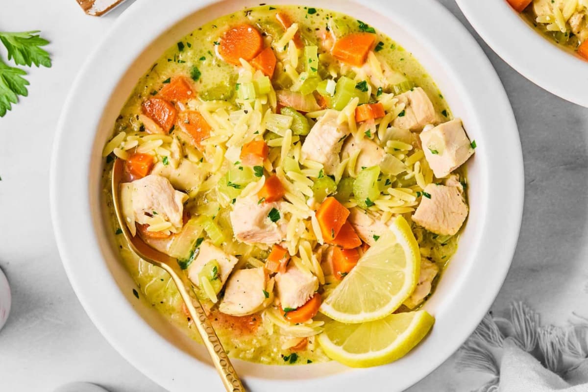 A bowl of Chicken Orzo Stew.