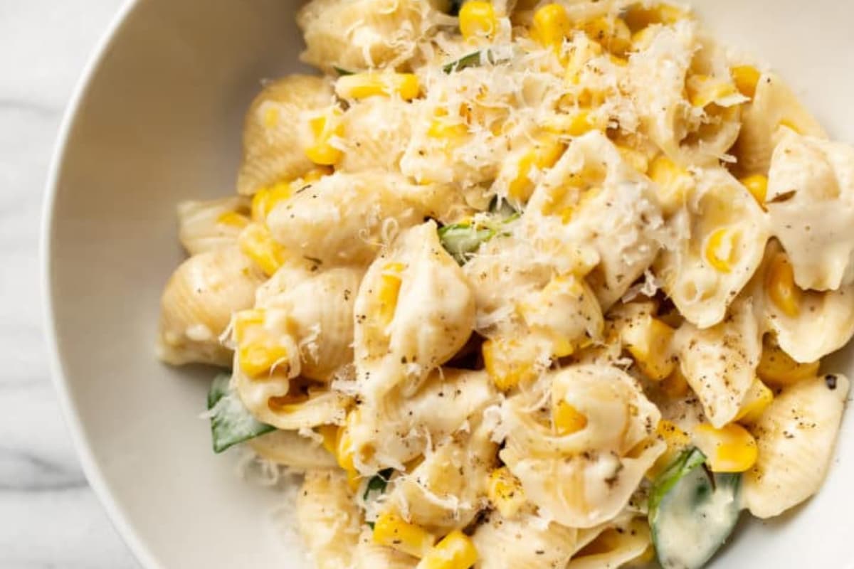 A dish of Easy Creamy Corn Pasta.