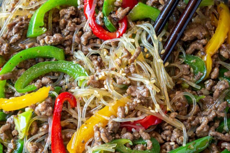 A dish of Beef Glass Noodles Stir-fry.