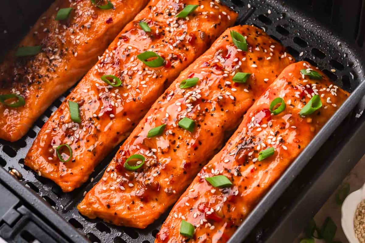 A dish of Air Fryer Sweet Chili Salmon.