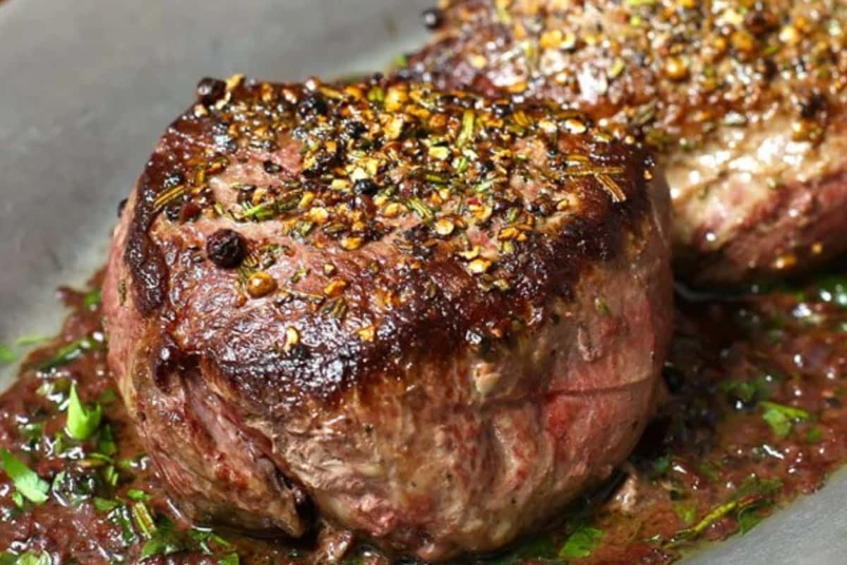 A dish of Pan Seared Beef Steak with Red Wine Sauce.