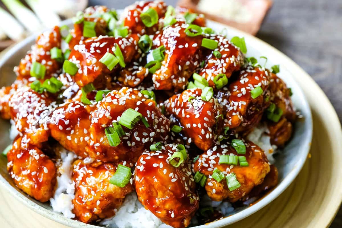 A plate of Sesame Chicken.
