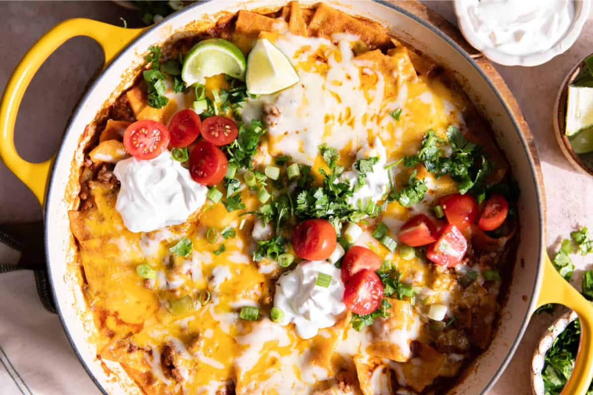 A dish of Ground Beef Enchilada Skillet.