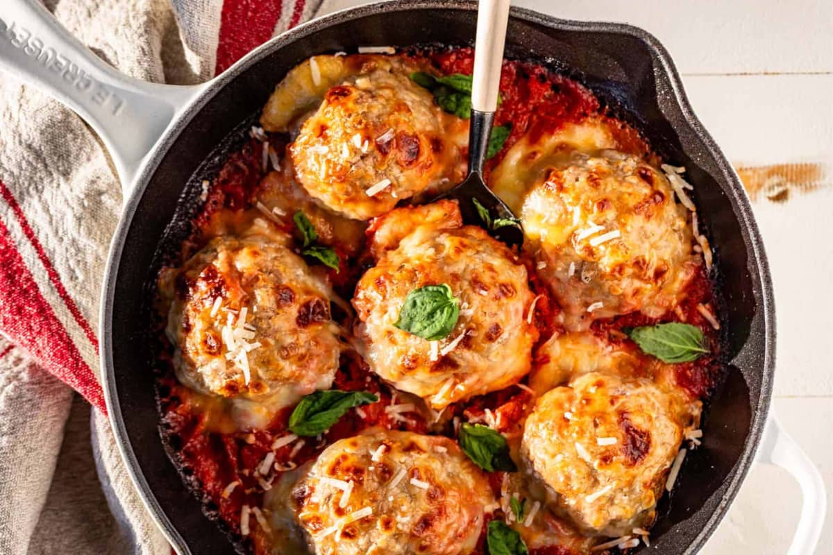 A dish of Cheesy Baked Meatballs.