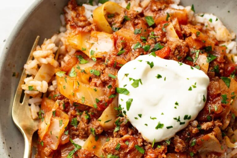 A dish of Unstuffed Cabbage Rolls.