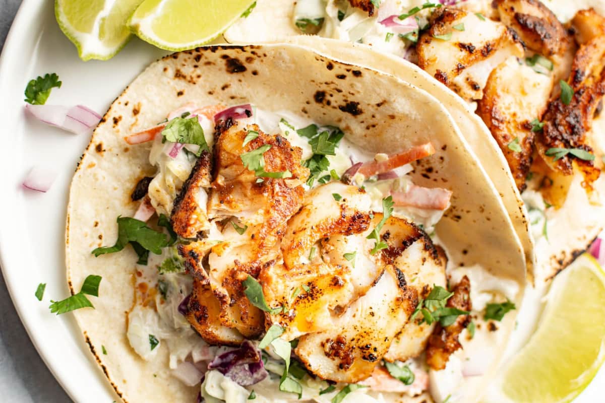 A plate of Blackened Fish Tacos.
