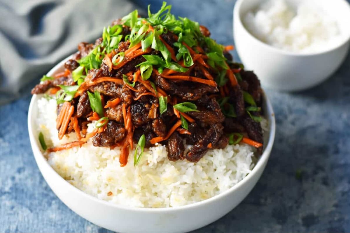 A bowl of Spicy Ginger Beef.