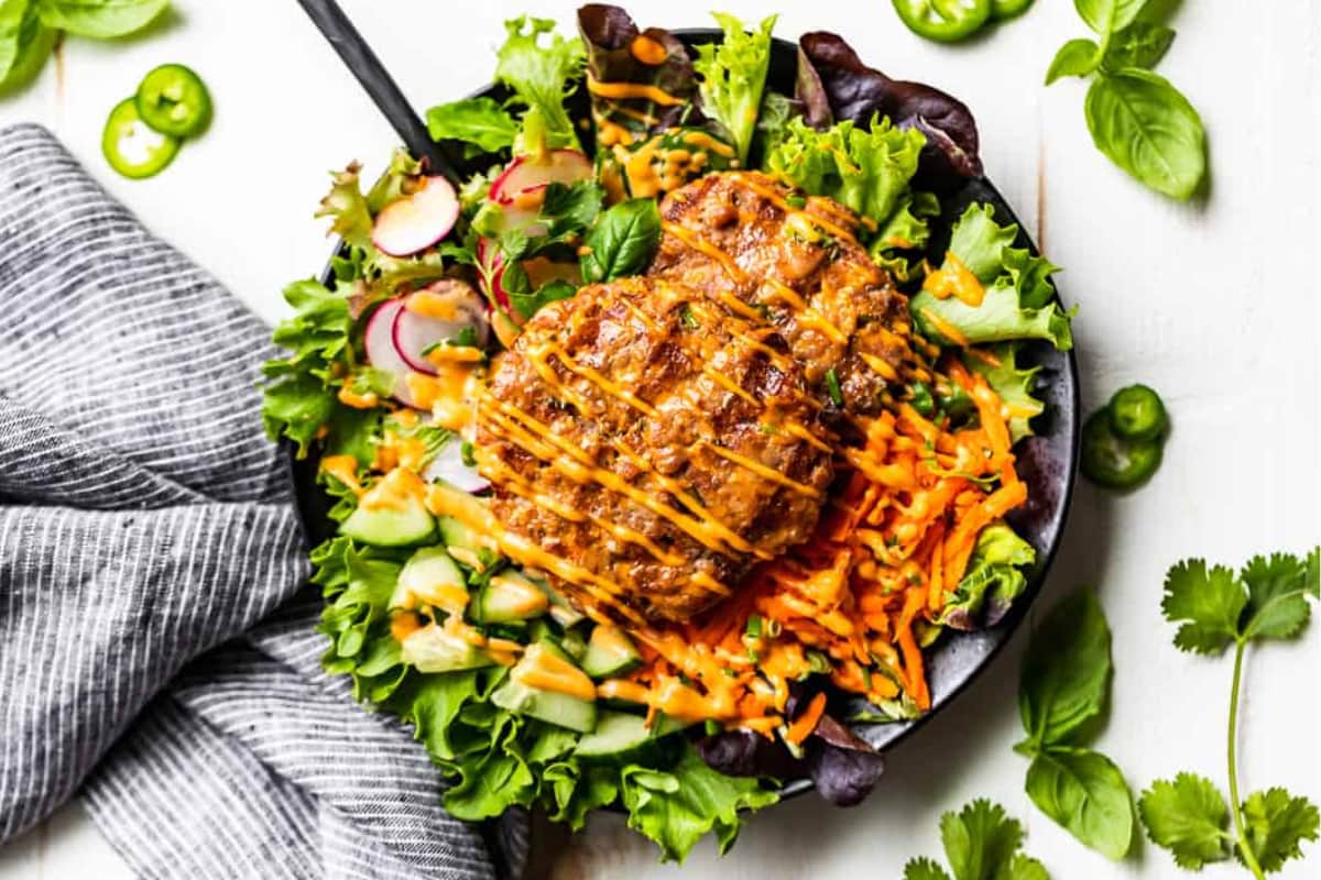 A dish of Banh Mi Burger Bowls.