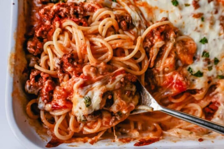 A dish of TikTok Million Dollar Baked Spaghetti.