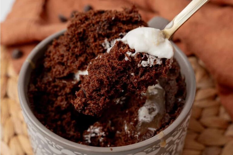 A mug of Microwave Chocolate Mug Cake.